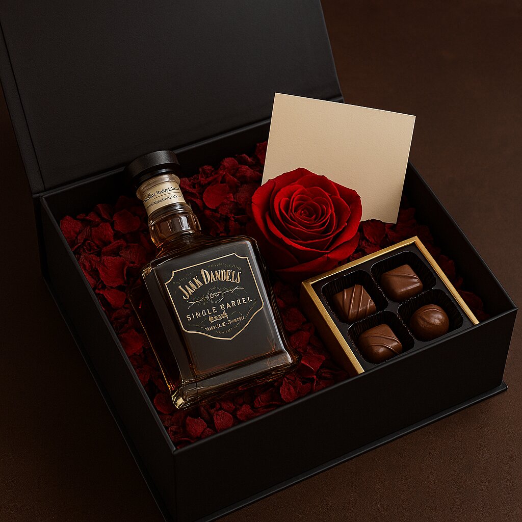 Jack Daniel’s ve gül içeren hediye kutusu