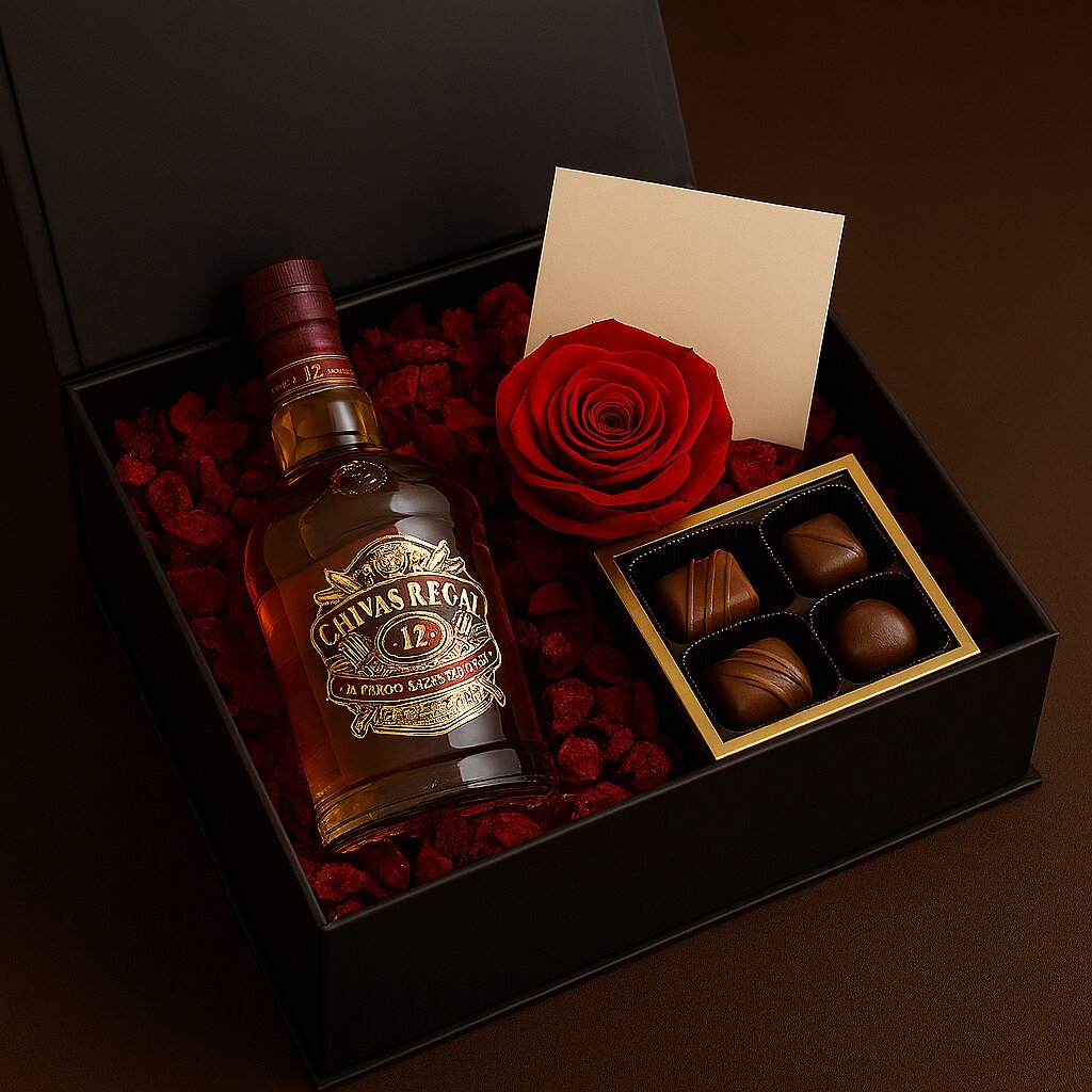 Chivas ve papatya içeren hediye kutusu