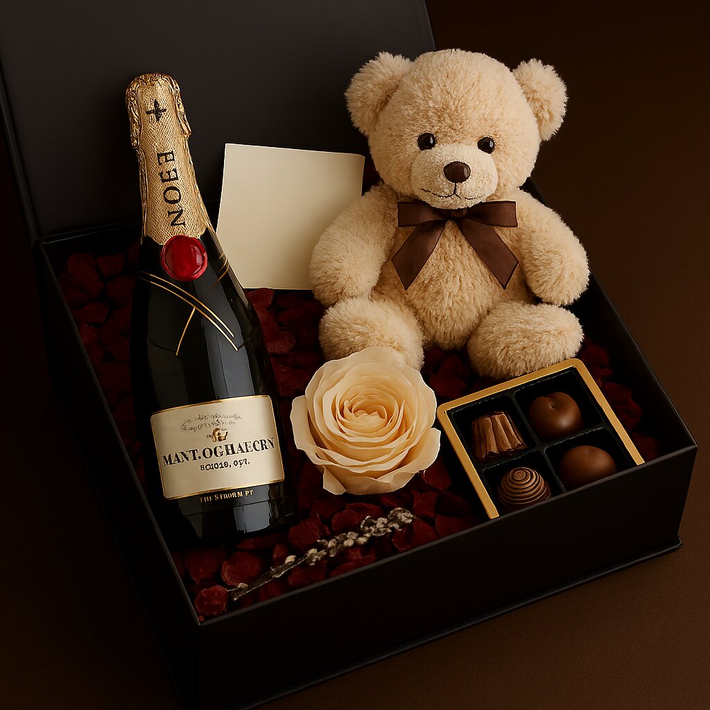 Moët ve ayıcık içeren hediye kutusu