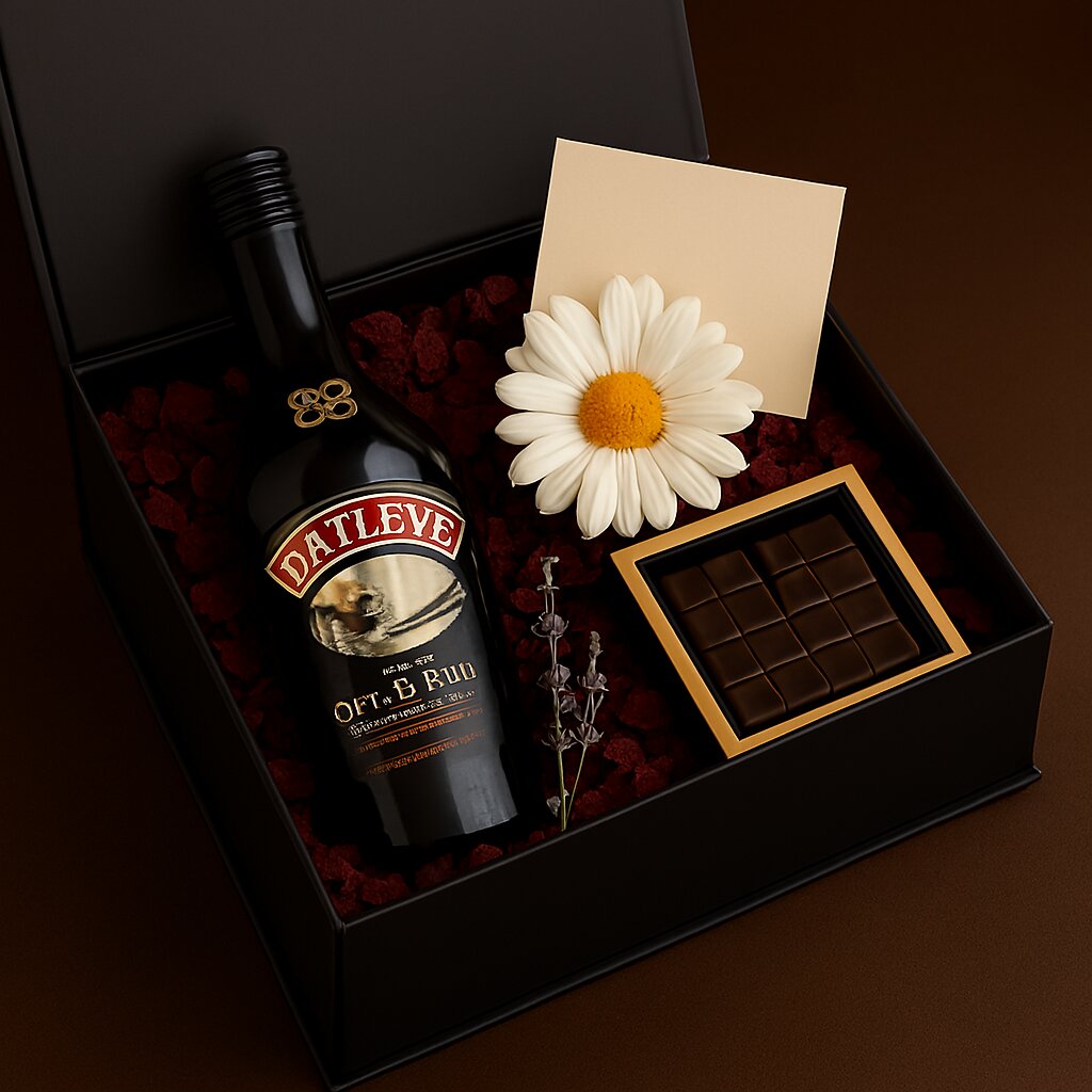 Baileys ve papatya içeren dolu hediye kutusu